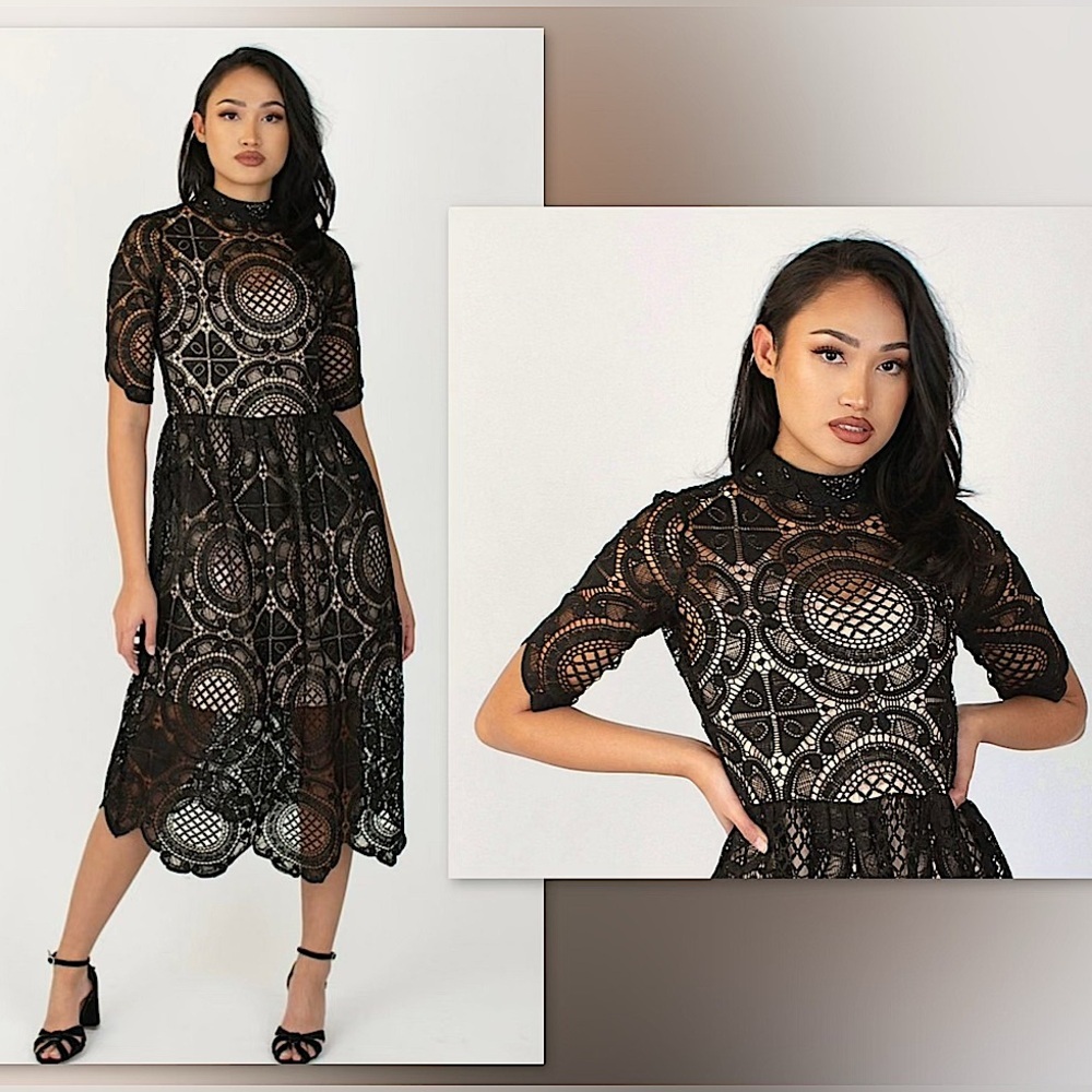 ♣️Joyfolie Alexis Midi Lace Boho Dress in Black & Cream, S